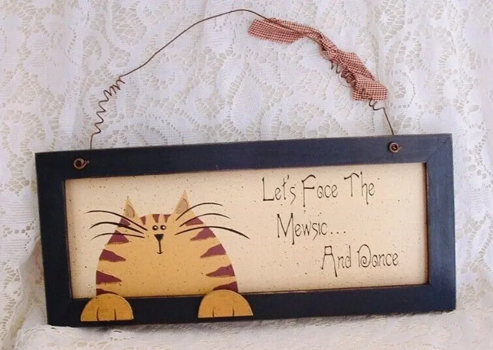 New Folk Art Country Folk Orange Tabby Face the Mewsic and Dance Cat Wood SIGN